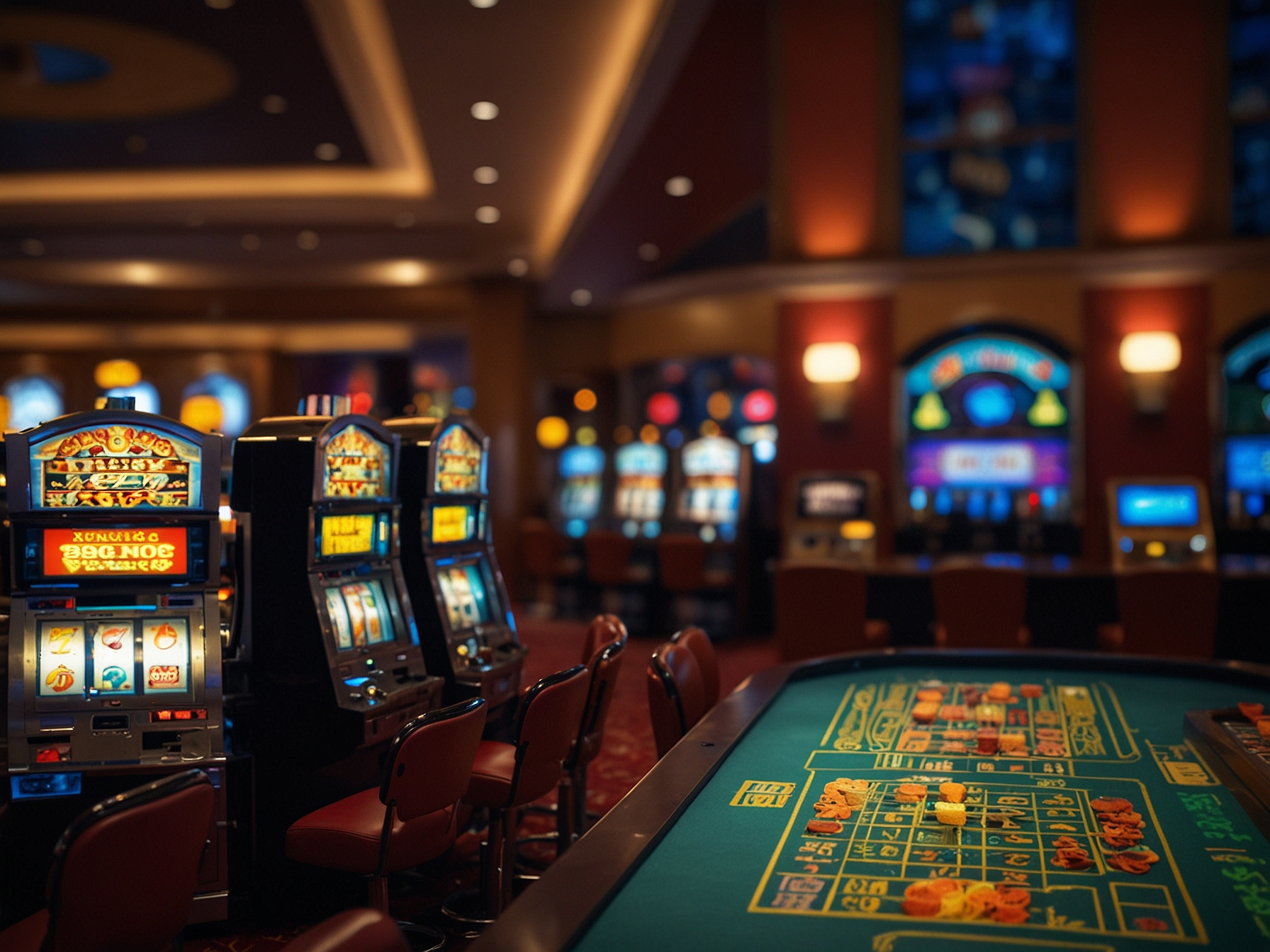 Table games and slot machines in a casino lobby