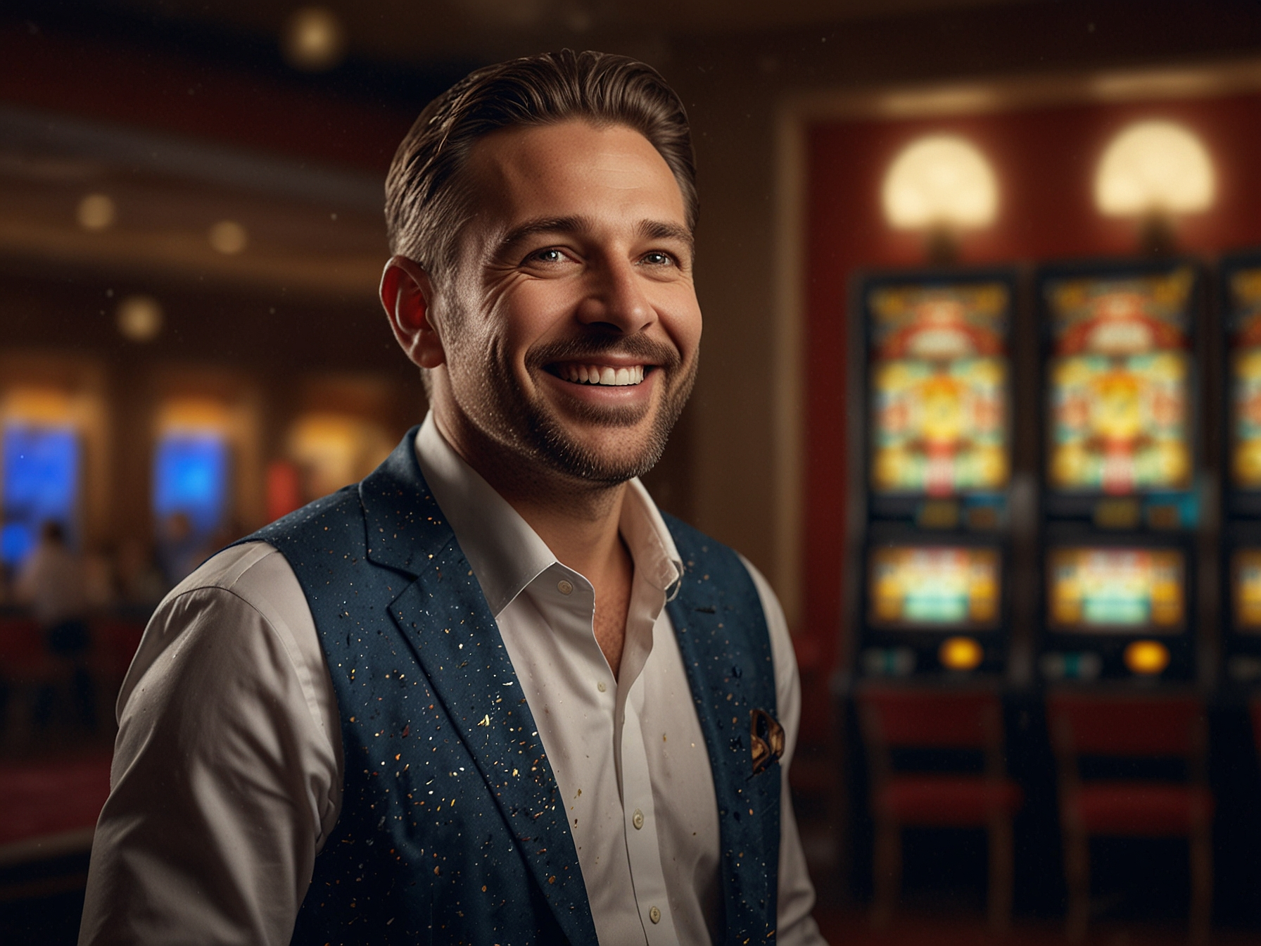 Happy casino player celebrating a win at a slot machine